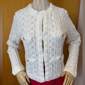 Delicate Feminine White Chanel Cardigan with CC Floral Buttons, 3 Hook Closure